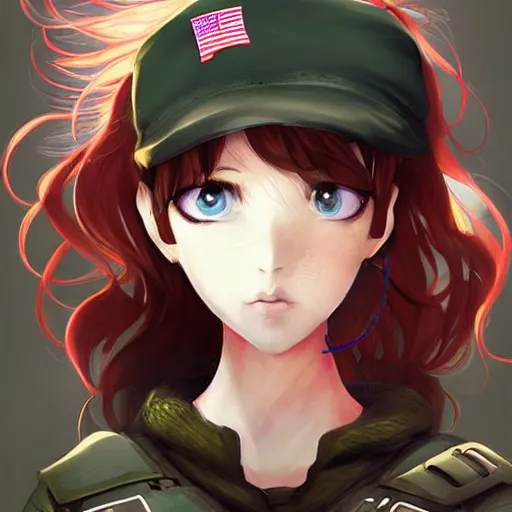 Prompt: anime girl in a united states army special forces uniform, cute face, digital art, portrait, anna dittmann