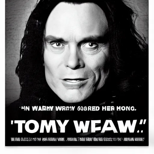 Image similar to tommy wiseau from the room ( 2 0 0 3 ) with the words'oh hi mark'written, poster, perfect kerning