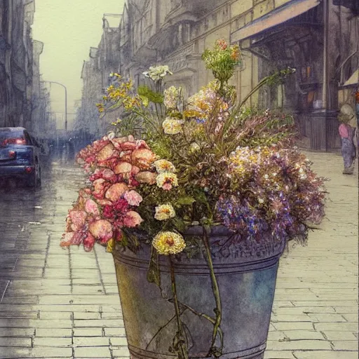 Image similar to a beautifull intricate watercolor painting of potted planter with flowers inside sitting on wet sidewalk, reflexions, high details by william turner art, greg rutkowski and alphonse mucha, trending on artstation, very very detailed, masterpiece,