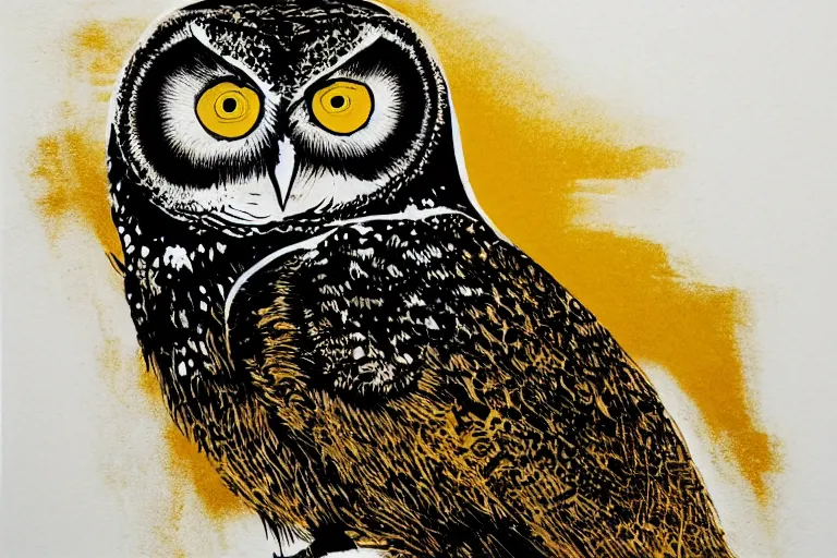 Image similar to beautiful serene owl, healing through motion, minimalistic golden ink aribrush painting on white background