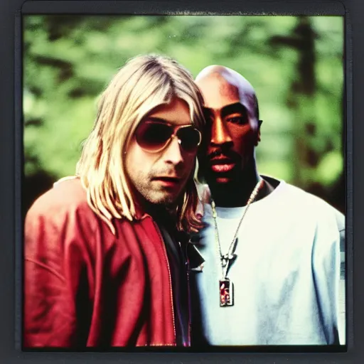 Prompt: Polaroid photograph of Kurt Cobain and Tupac Shakur, 90s, XF IQ4, 150MP, 50mm, F1.4, ISO 200, 1/160s, natural light, Adobe Lightroom, photolab, Affinity Photo, PhotoDirector 365,