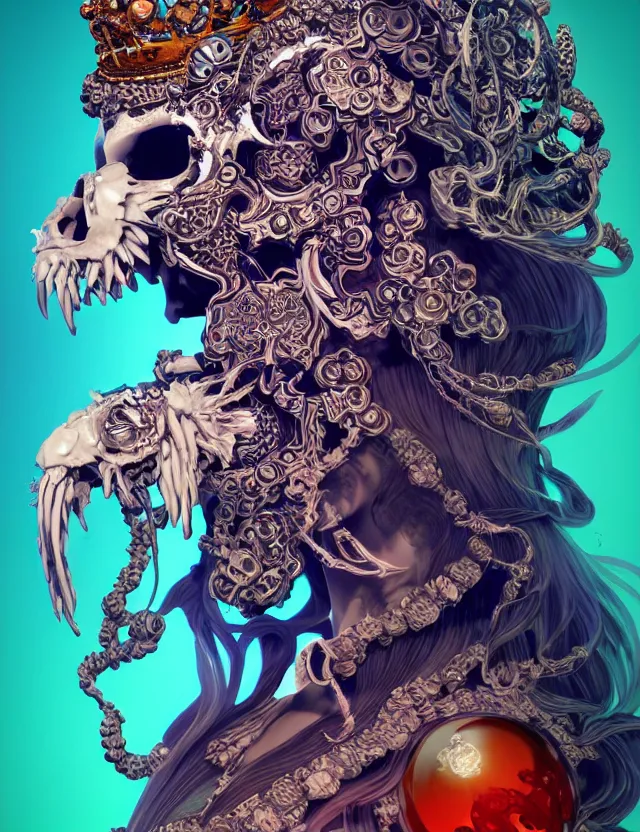 Image similar to 3 d goddess close - up profile skull biohazard portrait with crown, ram skull. beautiful intricately detailed japanese crow kitsune mask and clasical japanese kimono. betta fish, jellyfish phoenix, bio luminescent, plasma, ice, water, wind, creature, artwork by tooth wu and wlop and beeple and greg rutkowski