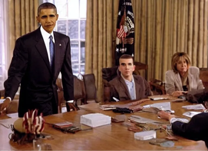 Prompt: a still from the 2001 TV Show The West Wing Starring Barrack Obama