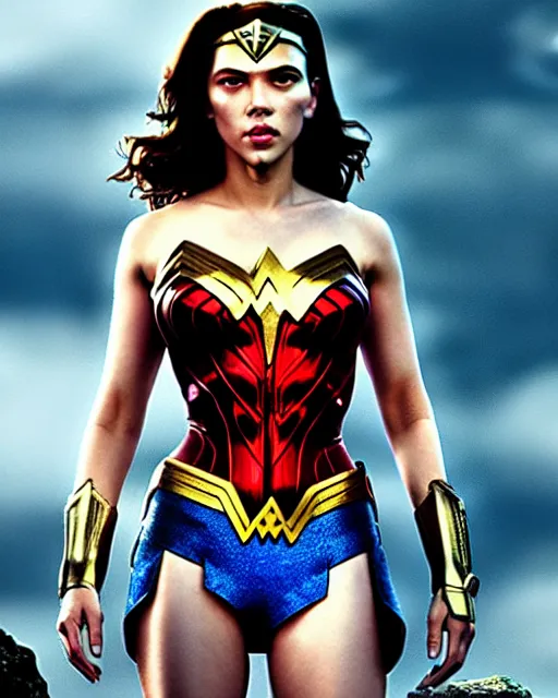 Prompt: scarlett johansson as wonder woman from new 5 2, movie, hyper realistic, hollywood promotional image, imax, 8 k