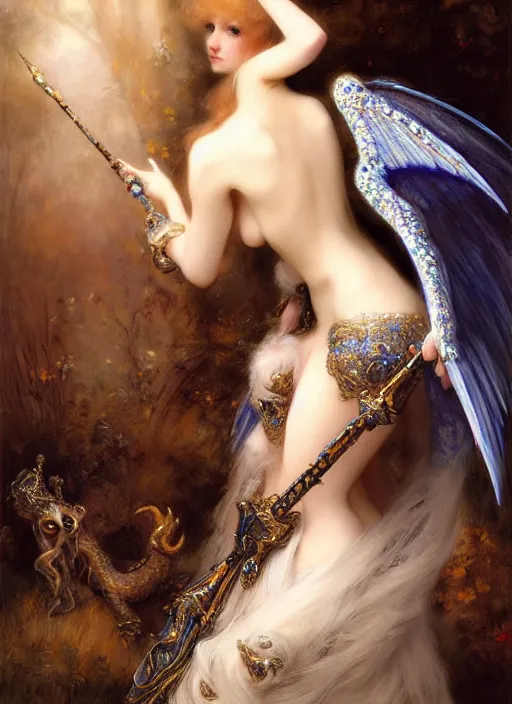 Prompt: princess angel knight gothic girl in dark and white dragon armor, rococo peacock outfit. by gaston bussiere, by rembrandt, 1 6 6 7, artstation trending, blue light, by konstantin razumov *