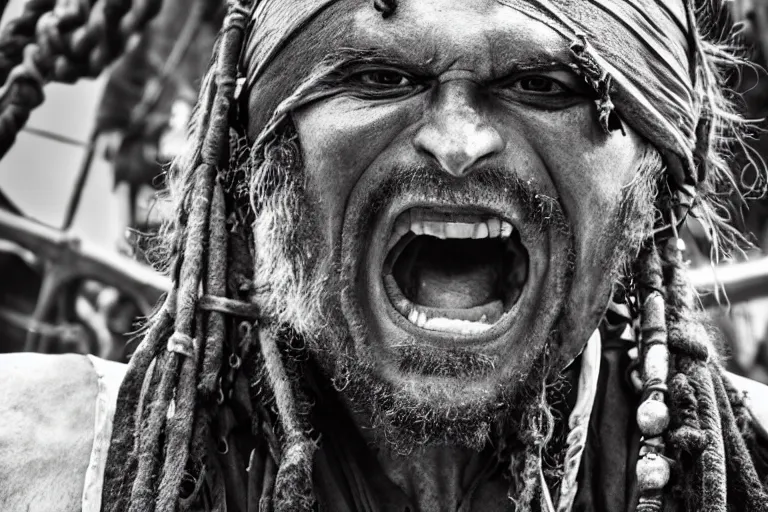 Prompt: closeup old pirate yelling on an old pirate ship, by emmanuel lubezki