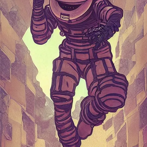 Prompt: skeleton astronaut breaking through a brick wall like the koolaid man, illustration, art by artgerm and greg rutkowski and alphonse mucha