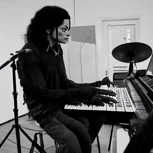Prompt: Michael Jackson with 62 years old recording in a hidden music studio, taken in 2021