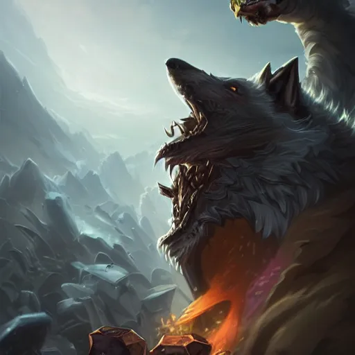 Image similar to portrait of wolf of ashes and smoke, league of legends splash art, hearthstone splash art, full body shot, rule of thirds, ultrafine hyperrealistic detailed face, artgerm, greg rutkowski, trending on artstation, 8 k, intricately detailed, highly detailed