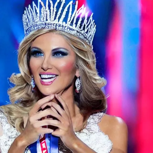 Image similar to a female version of Donald Trump winning a beauty pageant