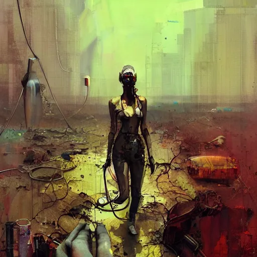 Prompt: the last wanderer of earth, post - apocalyptic wasteland, wires cybernetic implants, in the style of adrian ghenie, esao andrews,