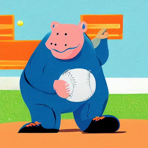 Prompt: illustration from hippos play baseball, a children's board book by sandra boynton