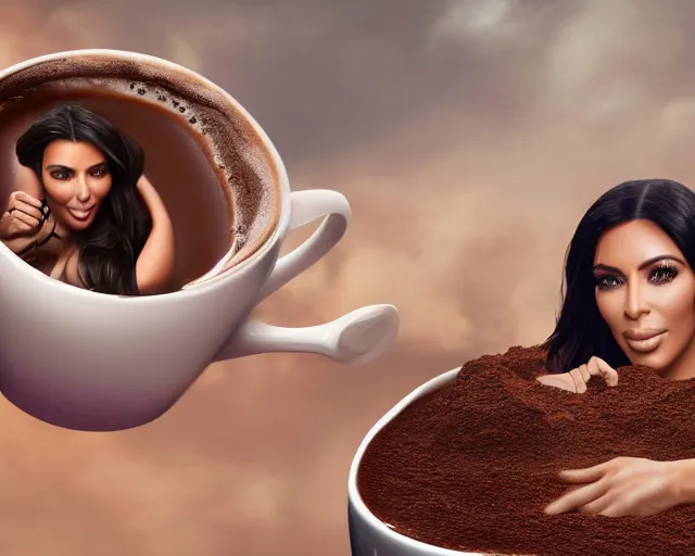 Prompt: Kim Kardashian living inside a giant cup of coffee, cinematic, highly detailed, HD, 4K, professional image, professional lighting