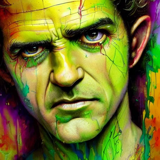 Image similar to a Demon Slayer portrait of Mel Gibson, tall, pale-skinned, slender with lime green eyes and long eyelashes by Stanley Artgerm, Tom Bagshaw, Arthur Adams, Carne Griffiths, trending on Deviant Art, street art, face enhance, chillwave, maximalist, full of color, glittering