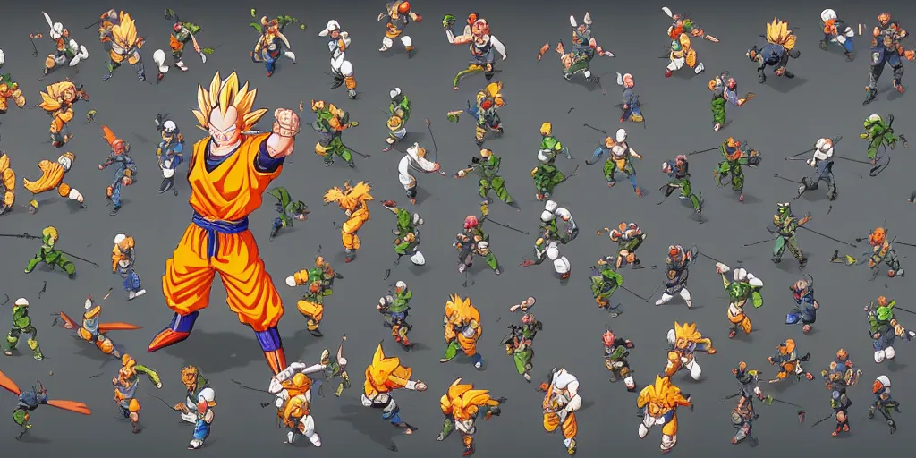 Image similar to isometric dragon ball character design, idle, colored, sprite sheet, tekken, pc game, sideview, art by moebius and greg rutkowski.