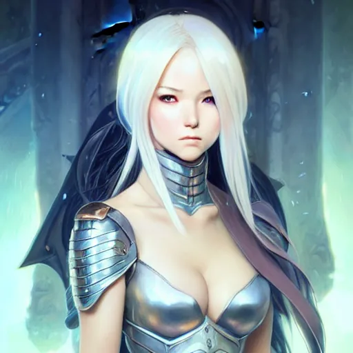 Prompt: anime girl portrait, armor, full body, white hair, d & d, fantasy, detailed eyes, intricate, backlit, realistic lighting, elegant, highly detailed, digital painting, artstation, concept art, smooth, sharp focus, illustration, art by artgerm, greg rutkowski, alphonse mucha