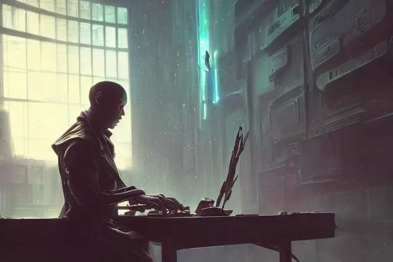 Image similar to sci fi cyberpunk fantasy art prompt magician studying casting spells with keyboard, by greg rutkowski ultrahd dark volumetric lighting hyper detailed unreal engine octane render