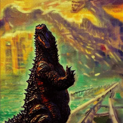 Prompt: impressionist painting of Godzilla in the style of Charles R. Knight