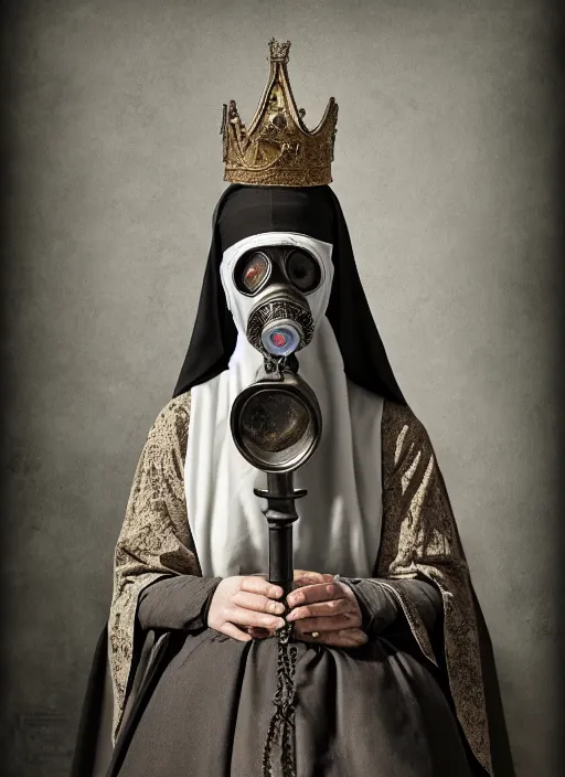 Image similar to highly detailed closeup portrait of a goth medieval nun wearing a crown and a gas mask sitting on a throne, nicoletta ceccoli, mark ryden, lostfish, global illumination, god rays, detailed and intricate environment
