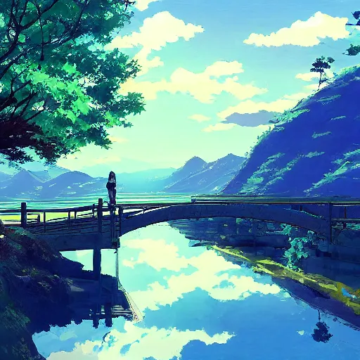 Prompt: by makoto shinkai peach, 1 9 7 0 s precise. the mixed mediart is of a small village with a river running through it. in the distance, there are mountains. the sky is clear & the sun is shining.