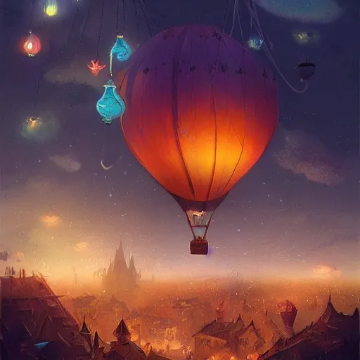 Image similar to a beautiful stunning fantasy whimsical matte digital illustration of a hot - air balloon race at night by marc simonetti, pastel color palette, disney steampunk, chiaroscuro magical bokeh moon stars, trending on artstation hq, masterpiece