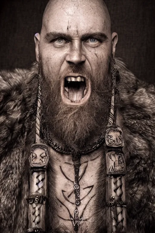 Prompt: a cinematic view of wide photo from a very ornated old priest viking, half shaved haircut, showing nordic tattoos in the chest, scars in the face, long beard, using leather armour with necklace of teeth, marvelous expression, photorealistic, volummetric light, detailed, texturized, zeiss lens high professional mode
