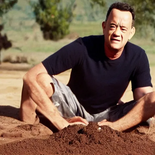 Image similar to Tom Hanks eating a pile of dirt on all fours in his boxers