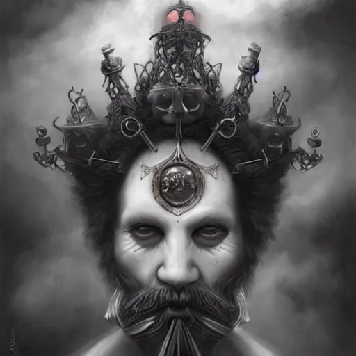 Prompt: By Tom Bagshaw, ultra realist soft painting of curiosities carnival by night, Dwarf grins beard, symmetry accurate features, very intricate details, ominous sky, black and white, volumetric light clouds