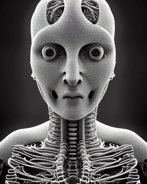 Prompt: mythical black and white organic biomechanical spinal ribbed face portrait detail of mechanical female vegetal-cyborg, highly detailed, intricate ornate, 3D render digital art, octane render, 8K artistic photography, photorealistic