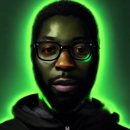 Image similar to portrait of a black man programmer with green hood by greg rutkowski, digital number in the background