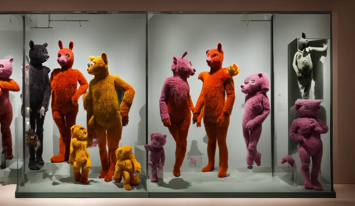 Image similar to diorama windowstore vitrine at the american museum of natural history, new york, of very realistic dissected teletubbies as furry animals, photography portrait aesthetic by guy bourdin, museum artifact