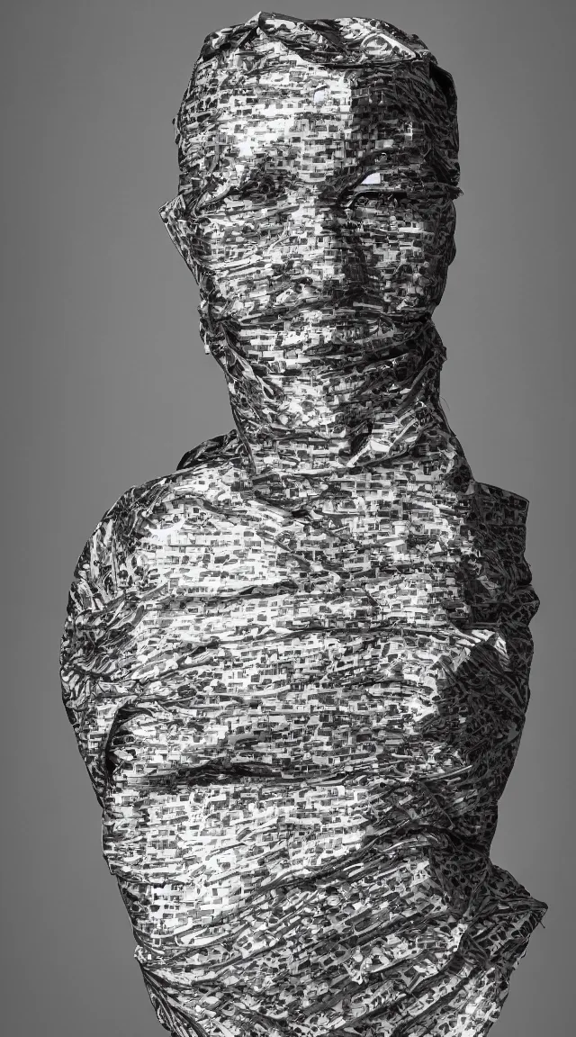 Image similar to a studio portrait of a head completely wrapped in duct tape.