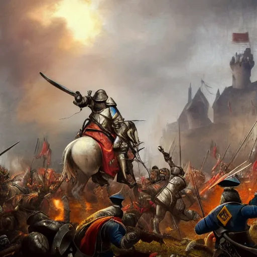 Image similar to A captain commanding his knights to charge through the gates of a castle, war, dark atmosphere, insane detail, medieval fantasy, upscaled, 8k resolution, masterpiece, award winning