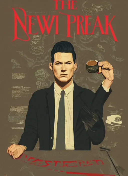 Image similar to Twin Peaks poster artwork by Michael Whelan, Bob Larkin and Tomer Hanuka, of portrait of Channing Tatum the local pastry chef, from scene from Twin Peaks, simple illustration, domestic, nostalgic, from scene from Twin Peaks, clean, cover of New Yorker magazine