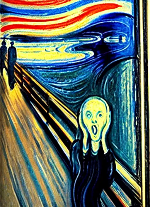 Prompt: oil painting of The Scream taking a seflie with an iPhone by Edvard Munch