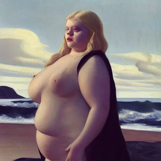 Image similar to obese and ugly Elle Fanning in a black robe holding a skull on the beach, head and shoulders portrait, stormy weather, extremely detailed masterpiece, Roger Deakin’s cinematography, oil on canvas, Edward Hopper,