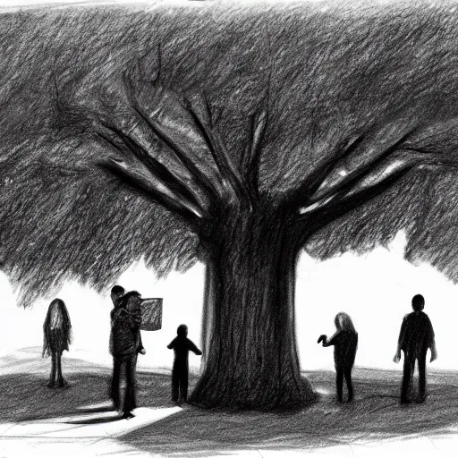 Image similar to a group of people in a park staring up at a gigantic tree, pencil sketch, black and white