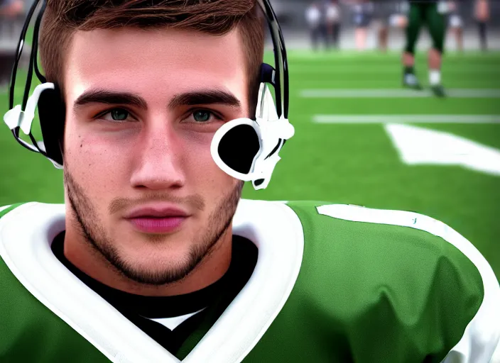 Prompt: facial portrait of a football player on the sidelines, 2 0 year old quarterback cole baker, reddit contest winner, madden 2 1, ps 4, character design