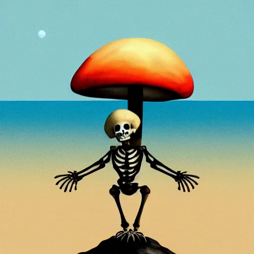 Prompt: relaxed skeleton walking on a tropical beach, nuclear mushroom cloud in the background, digital painting, high quality, trending on Artstation, realistic, tropical color scheme, anatomically correct skeleton, high coherence, clear blue sky