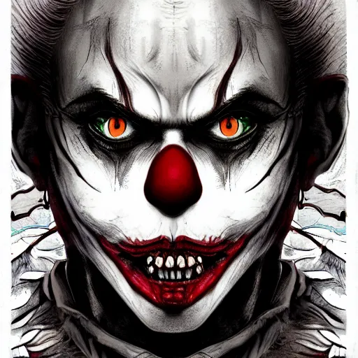 Prompt: 4K headshot of scary clown with defined arms and open hands and bloody clothes with giant mandala wings , intricate face , flawless anime cel animation by Kentaro Miura, psychedelic , highly detailed upper body , professionally post-processed , beautiful, scary, symmetry accurate features, epic, octane rendered, anime masterpiece, accurate