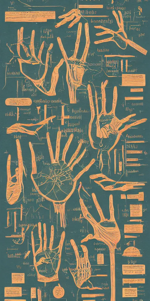 Image similar to anatomy of a hands, diagrams, map, marginalia, sketchbook, old script, inhabited initials, pastel infographic by Wes Anderson and victo ngai