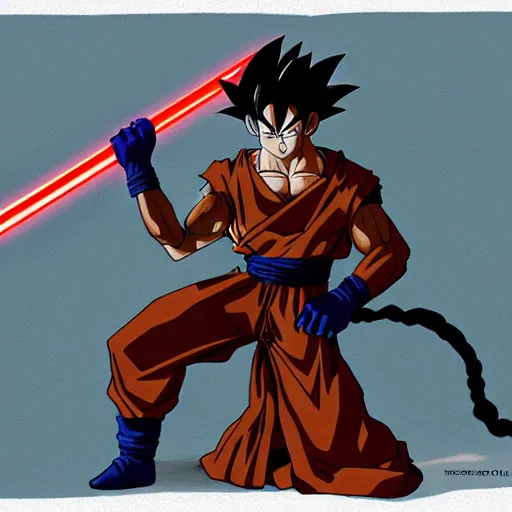 Image similar to Goku wearing a brown floor length rober welding a lightsaber, sci Fi, concept art, detailed, stylized