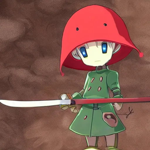 Image similar to cute robot with big tomato hat and a chive sword, made in abyss style