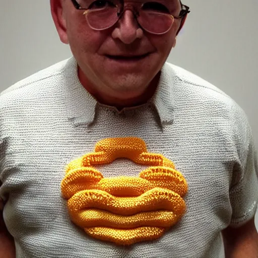 Image similar to man with shirt made out of knitted ramen noodles