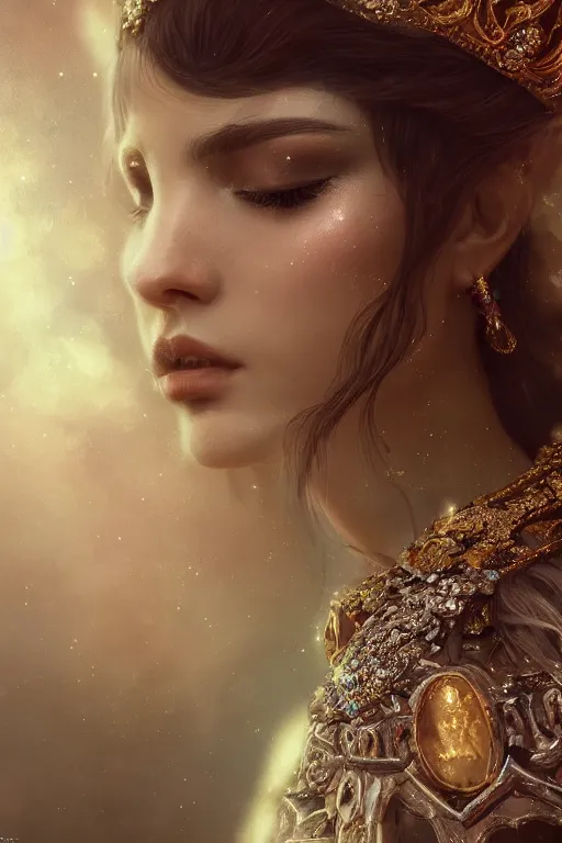 Prompt: Atmospheric detailed photography of a beautiful empress, wearing crystal fractal tiara, fantasy long intricate gown, sharp focus, octane render, high quality, 8k, volumetric lighting, color grading, by Tom Bagshaw and James Jean and Artgerm