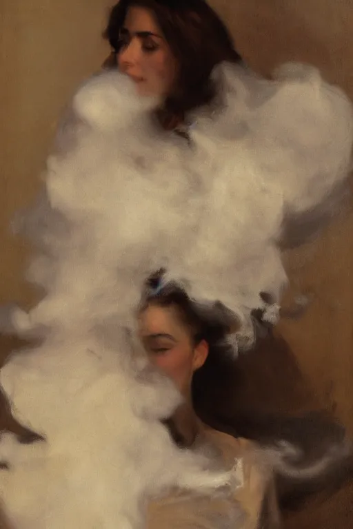 Prompt: 4k Detailed portrait by John Singer Sargent of A woman shrouded in a cloud of smoke