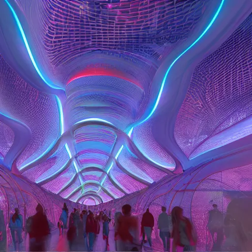 Image similar to ethereal realm, parametric flow, fractals, central shot, geometrical explosion, parametric architecture, artistic, models walking, people, crowd, red, blue, light neon, vray, octane render.