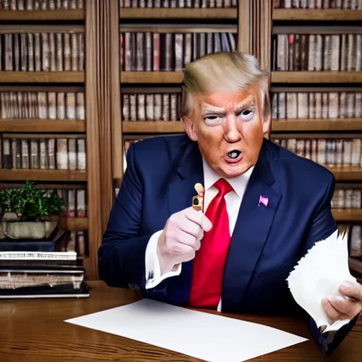 Image similar to candid portrait photo of president trump at his desk shoving crumpled papers into his mouth, chewing paper, eating paper, detailed portrait, 4 k, megapixel, sony a 7 s, f / 8, 2 4 mm lens