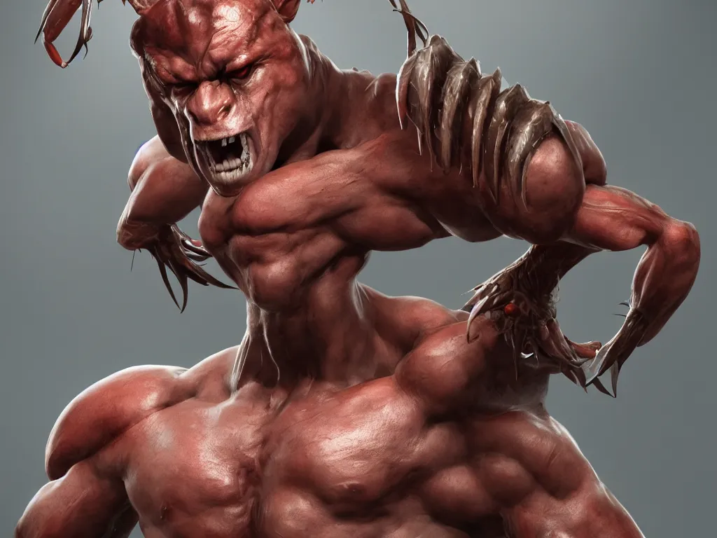 Prompt: game concept art, muscular, shrimp head, chiroptera ears, hyperrealism, artstation, cgsociety, zbrush, no background