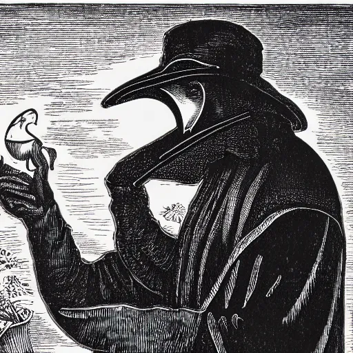 Prompt: Etching art of a plague doctor looking at a pocket watch, intricate, lots of details, 8k